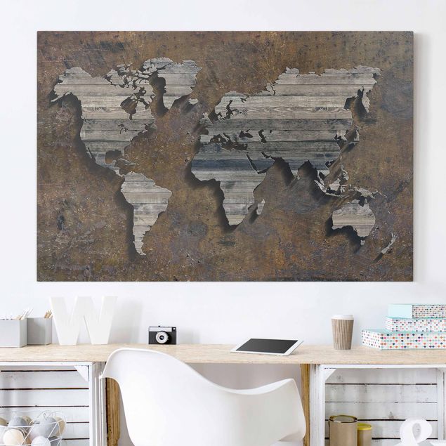 Obrazy do salonu Mapa świata z rdzą drewna