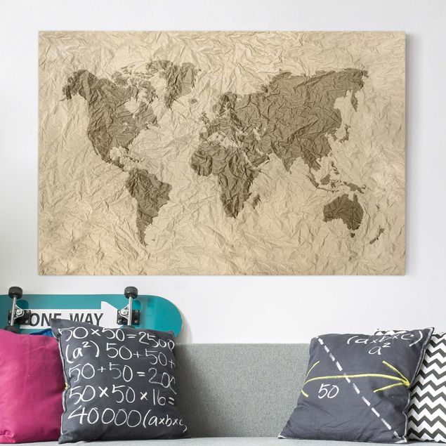 Obrazy do salonu Papierowa mapa świata beżowo-brązowa