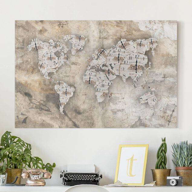 Obrazy do salonu nowoczesne Zegary shabby Mapa świata