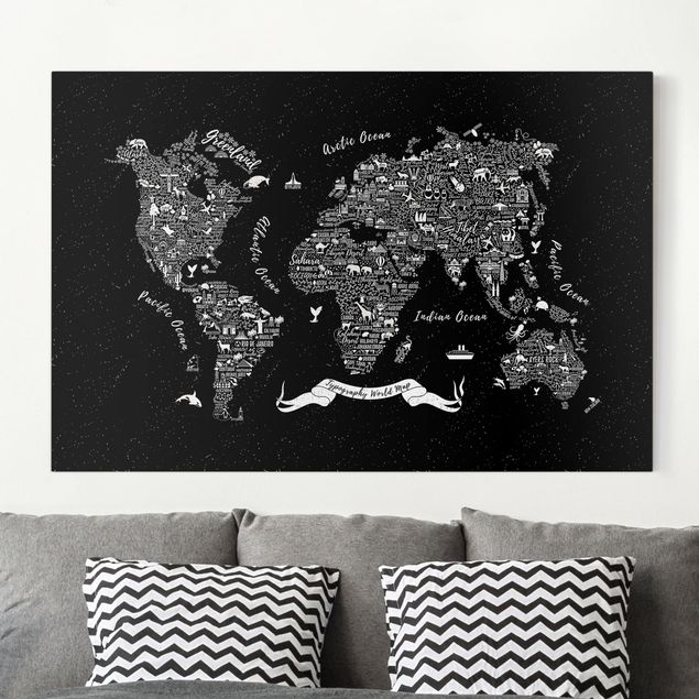 Obrazy do salonu Typografia mapa świata czarna
