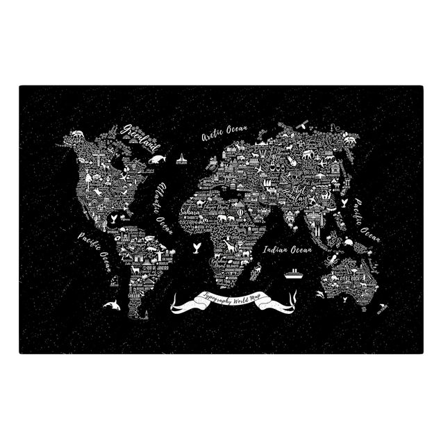 Obraz czarny Typografia mapa świata czarna