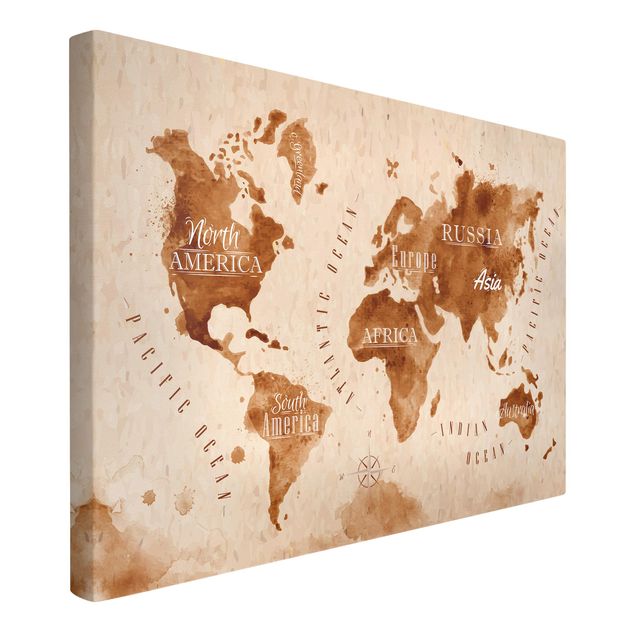 Obraz brązowy Mapa świata akwarela beżowo-brązowa
