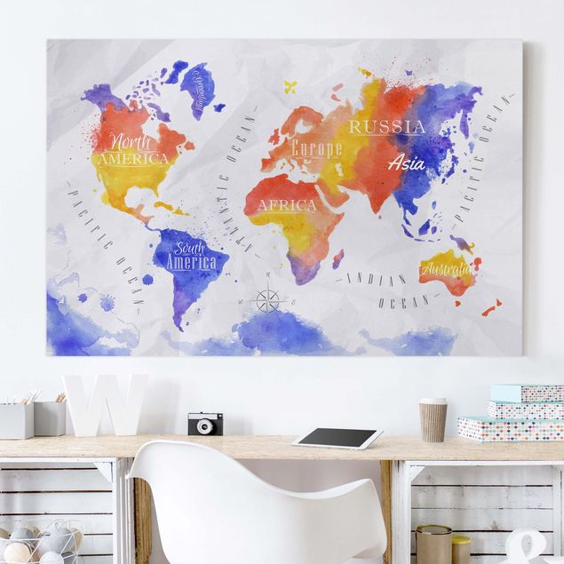 Obrazy do salonu Mapa świata akwarela fioletowy czerwony żółty