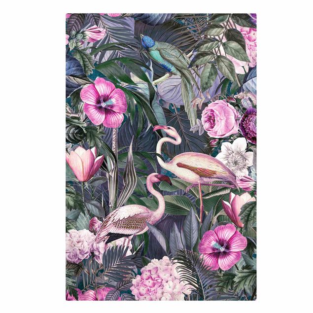 Obrazy zwierzęta Kolorowy kolaż - Różowe flamingi w dżungli