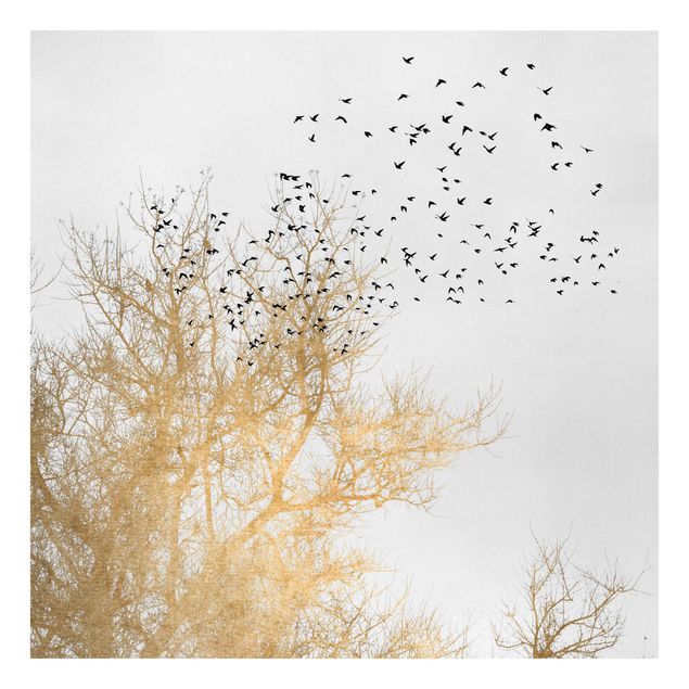 Obrazy krajobraz Stado ptaków na tle złotego drzewa