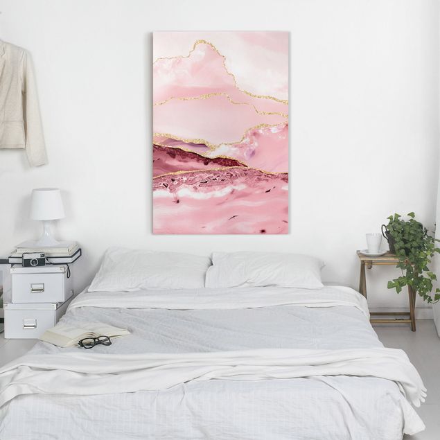 Obrazy abstrakcja Abstrakcyjne góry w kolorze różowym ze złotymi liniami
