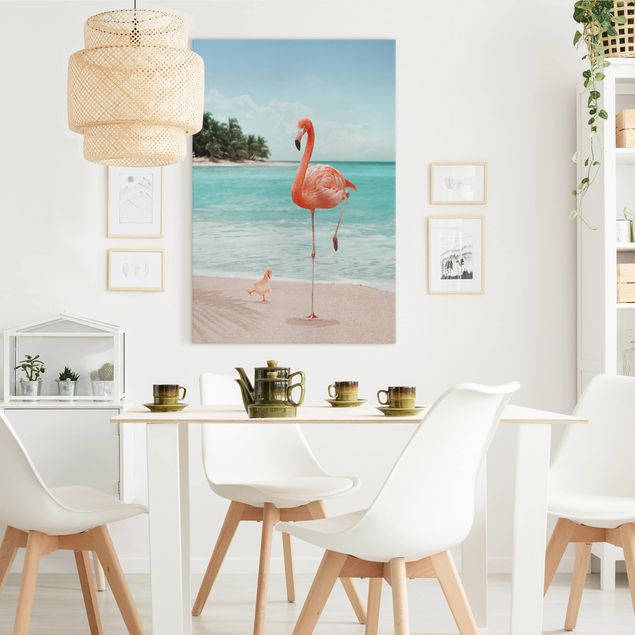 Obrazy do salonu nowoczesne Plaża z flamingiem