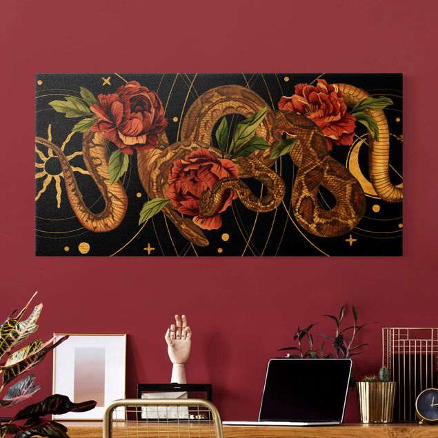 Obrazy do salonu nowoczesne Węże z różami przed czarno-złotym I