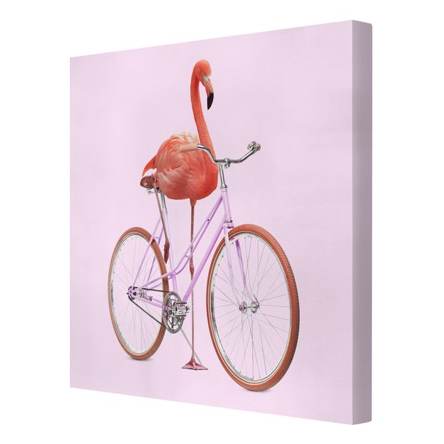 Obraz różowy Flamingo z rowerem
