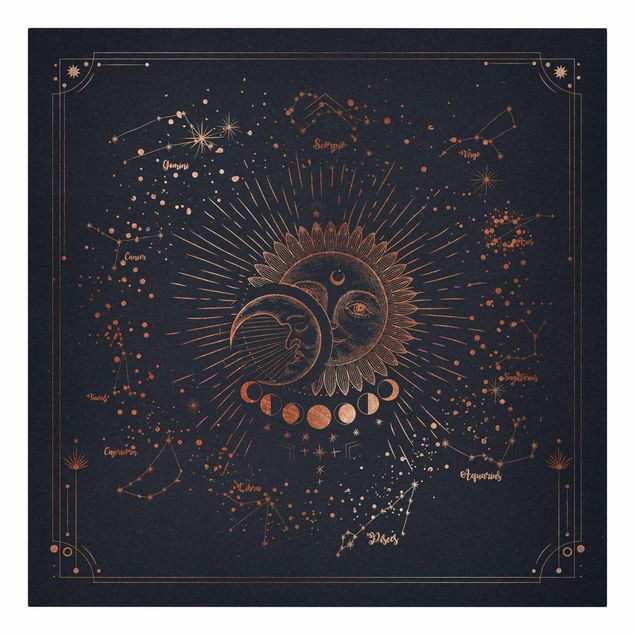 Obraz niebieski Astrologia Słońce Księżyc i Gwiazdy Niebieskie złoto