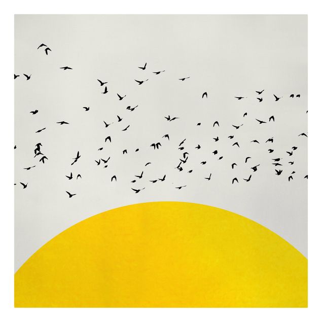 Obrazy zwierzęta Stado ptaków na tle żółtego słońca