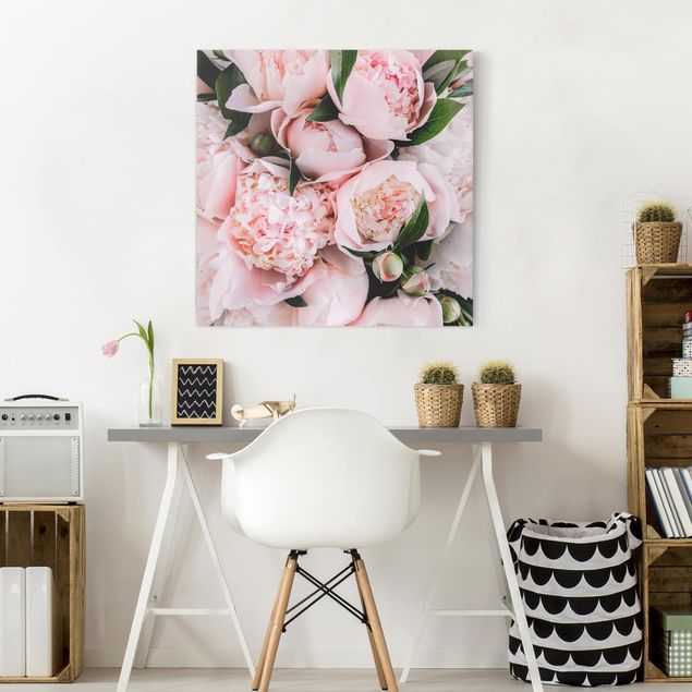 Obrazy do salonu nowoczesne Różowe piwonie z liśćmi
