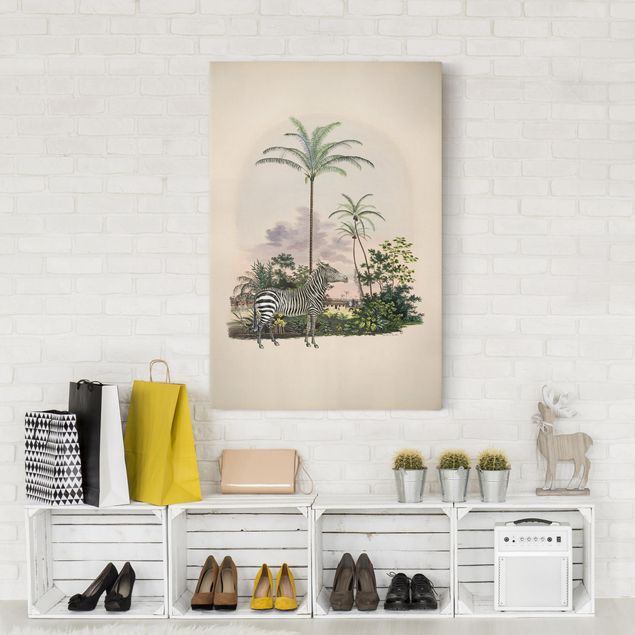 Nowoczesne obrazy do salonu Zebra na tle palm ilustracja