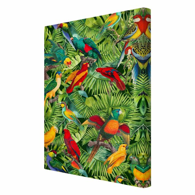 Obrazy ptaki na płótnie Kolorowy kolaż - Papugi w dżungli