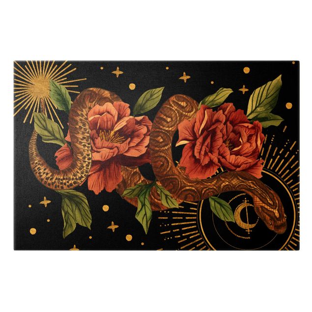 Obrazy kwiatowe Węże z różami na tle czerni i złota II