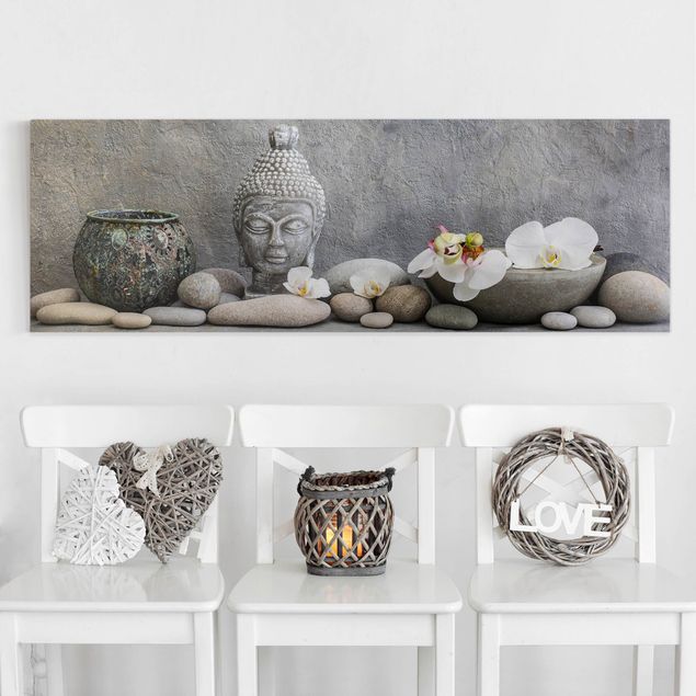 Obrazy do salonu nowoczesne Budda Zen z białymi orchideami