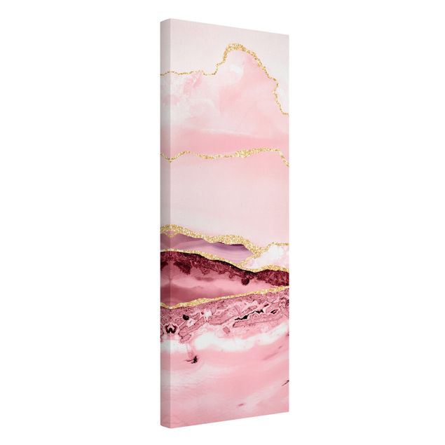 Obrazy nowoczesne Abstrakcyjne góry w kolorze różowym ze złotymi liniami
