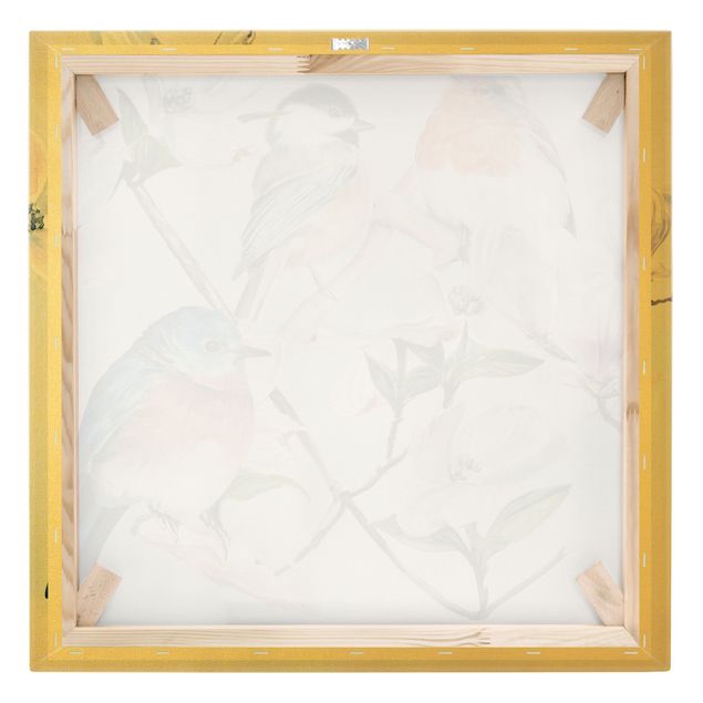 Obrazy drukowane na płótnie Kolorowe ptaki na gałązce magnolii I