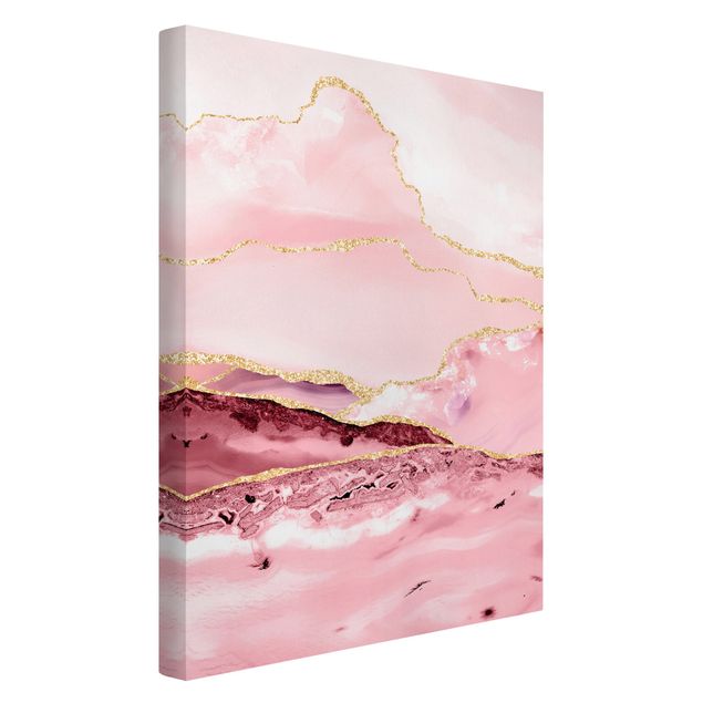 Obrazy nowoczesne Abstrakcyjne góry w kolorze różowym ze złotymi liniami