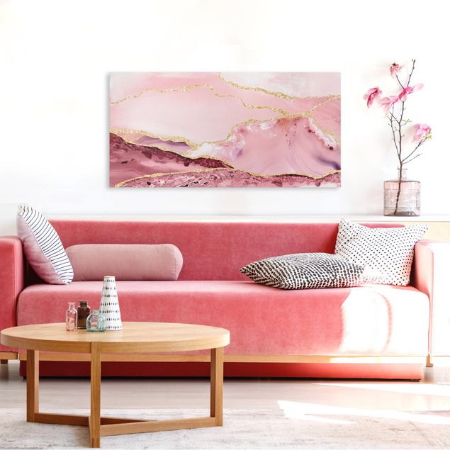 Obrazy do salonu Abstrakcyjne góry w kolorze różowym ze złotymi liniami