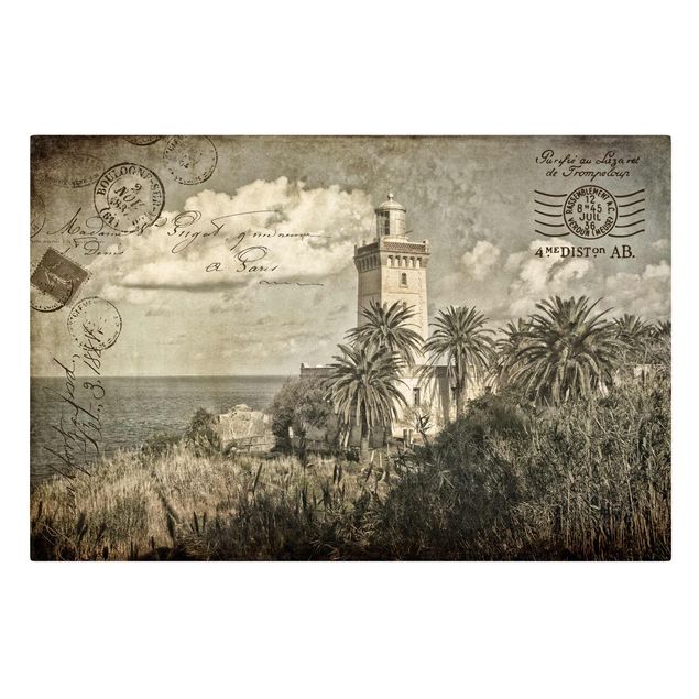 Retro obrazy Latarnia morska i palmy - pocztówka w stylu vintage