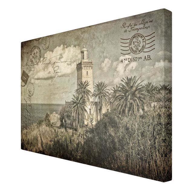 Plaża obraz Pocztówka w stylu vintage z latarnią morską i palmami