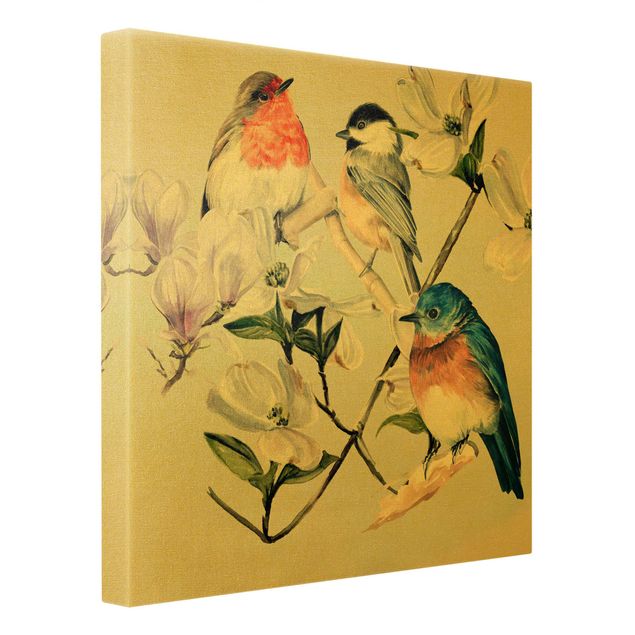 Obrazy na płótnie zwierzęta Kolorowe ptaki na gałązce magnolii I