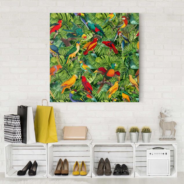 Obrazy do salonu nowoczesne Kolorowy kolaż - Papugi w dżungli