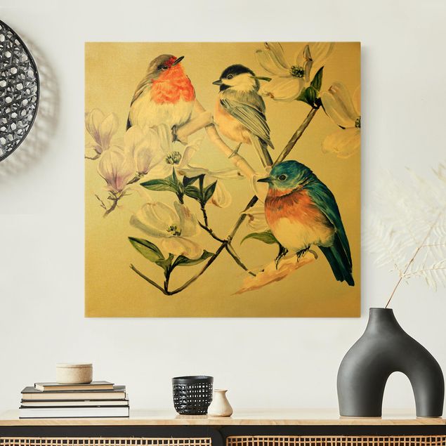 Obrazy do salonu nowoczesne Kolorowe ptaki na gałązce magnolii I