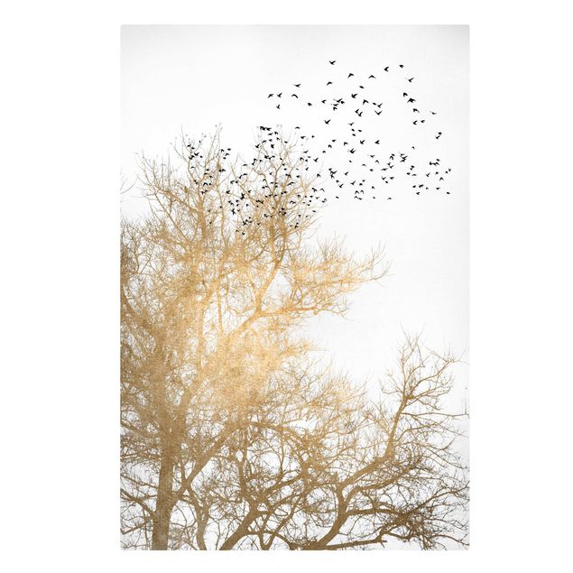 Obrazy krajobraz Stado ptaków na tle złotego drzewa
