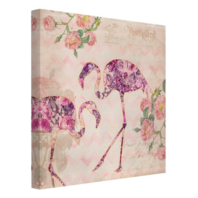 Obraz z motylem Kolaż w stylu vintage - różowe kwiaty, flamingi