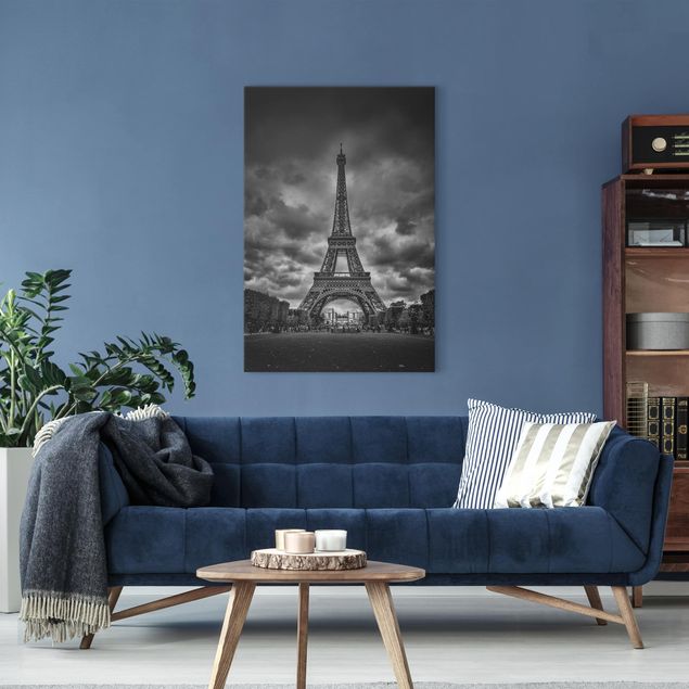 Nowoczesne obrazy Wieża Eiffla na tle chmur, czarno-biała