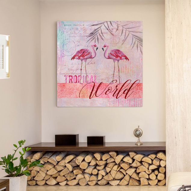 Obrazy do salonu nowoczesne Kolaż w stylu vintage - Flamingi w tropikalnym świecie
