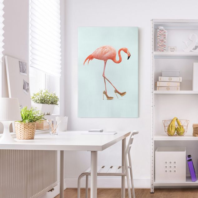 Obrazy do salonu nowoczesne Flamingo na wysokich obcasach