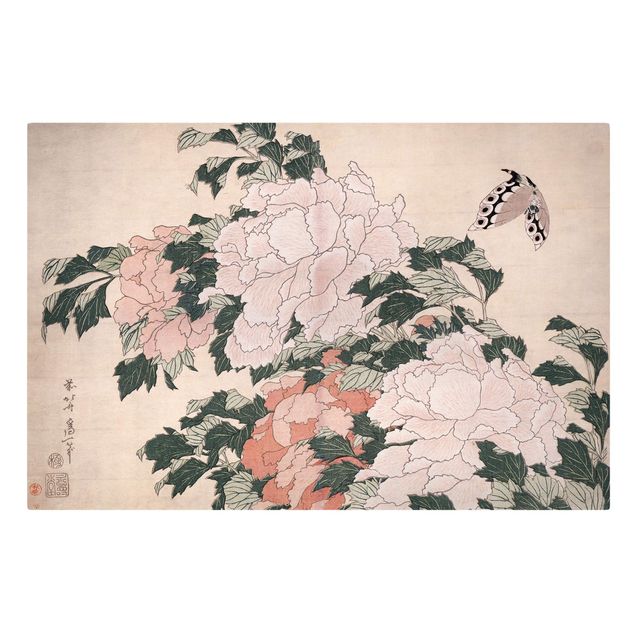Motyl obraz Katsushika Hokusai - Różowe piwonie z motylem