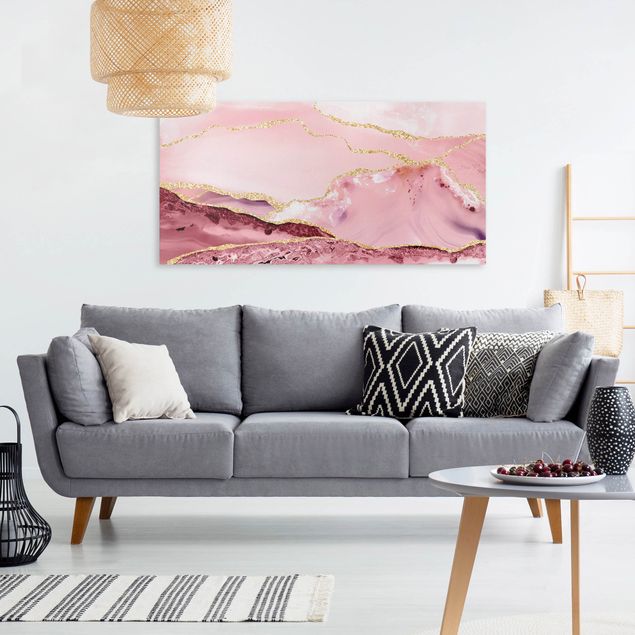 Obrazy abstrakcja Abstrakcyjne góry w kolorze różowym ze złotymi liniami