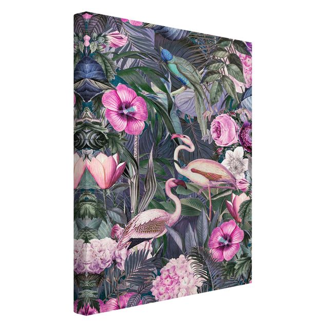 Obrazy nowoczesne Kolorowy kolaż - Różowe flamingi w dżungli