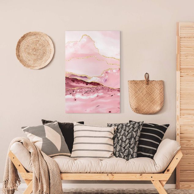 Obrazy do salonu Abstrakcyjne góry w kolorze różowym ze złotymi liniami