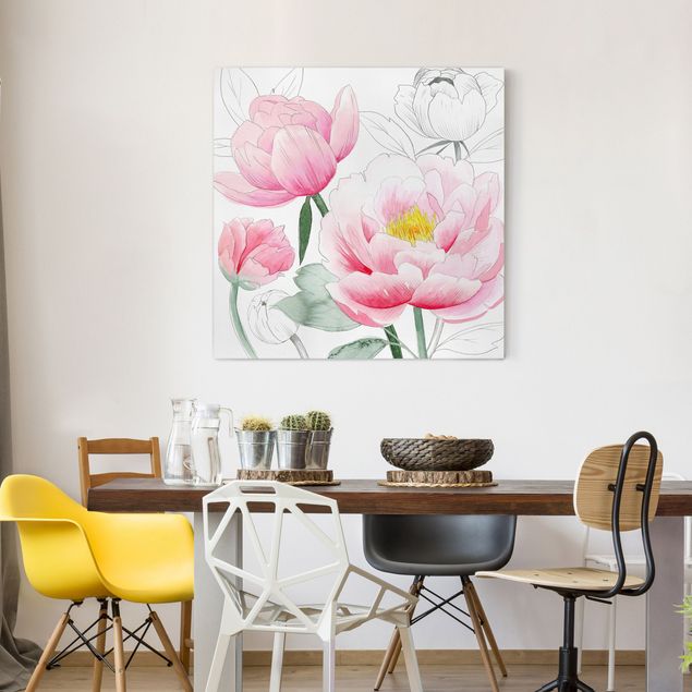 Obrazy do salonu nowoczesne Rysowanie różowych peonii I