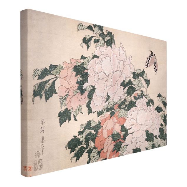 Obrazy nowoczesne Katsushika Hokusai - Różowe piwonie z motylem