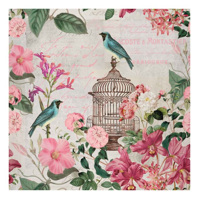 Obraz vintage Kolaż w stylu shabby chic - różowe kwiaty i niebieskie ptaki