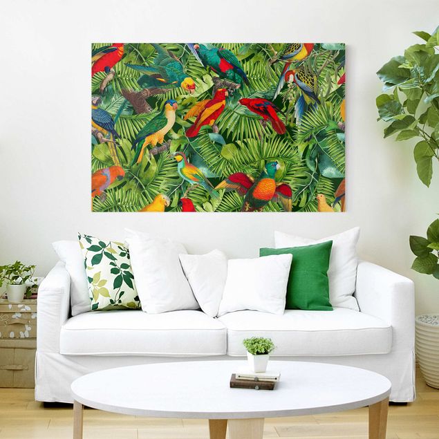 Nowoczesne obrazy Kolorowy kolaż - Papugi w dżungli