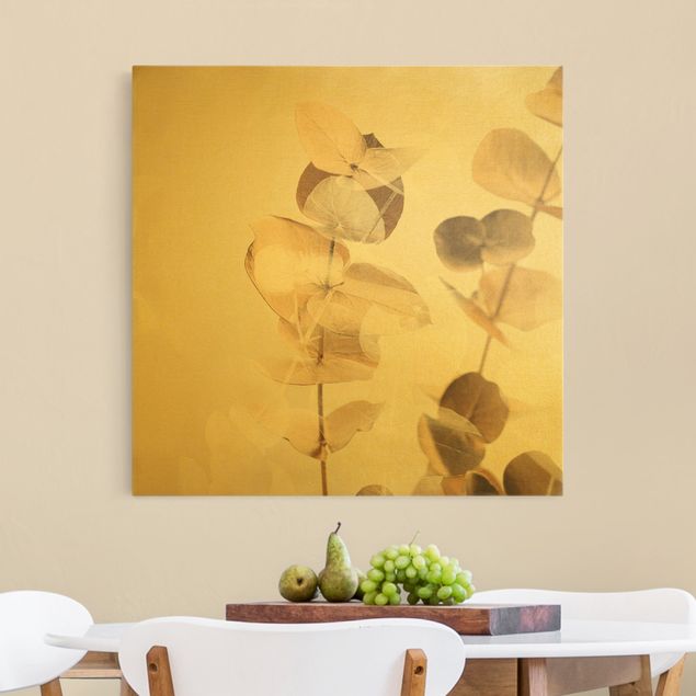 Obrazy z motywem kwiatowym Złote gałązki eukaliptusa z białym II