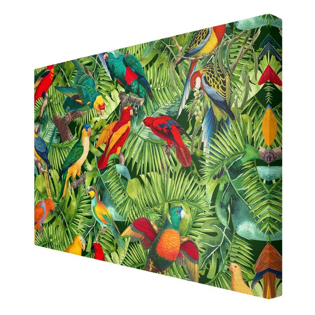 Obrazy ptaki na płótnie Kolorowy kolaż - Papugi w dżungli