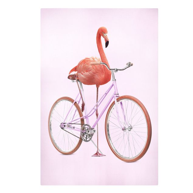 Obrazy ptaki na płótnie Flamingo z rowerem