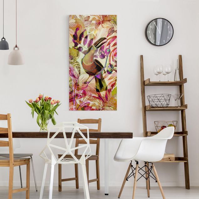 Nowoczesne obrazy do salonu Kolorowy kolaż - tukan