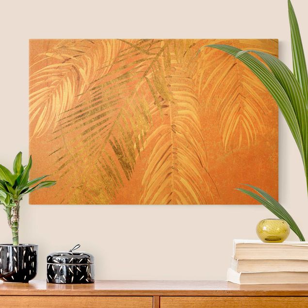 Obraz pomarańczowy Liście palmy - róż i złoto I