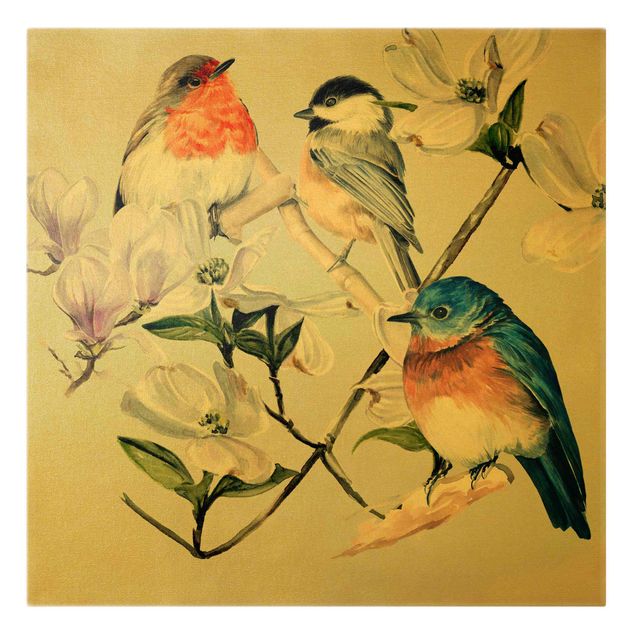 Obrazy ptaki na płótnie Kolorowe ptaki na gałązce magnolii I