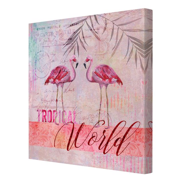 Obrazy retro Kolaż w stylu vintage - Flamingi w tropikalnym świecie