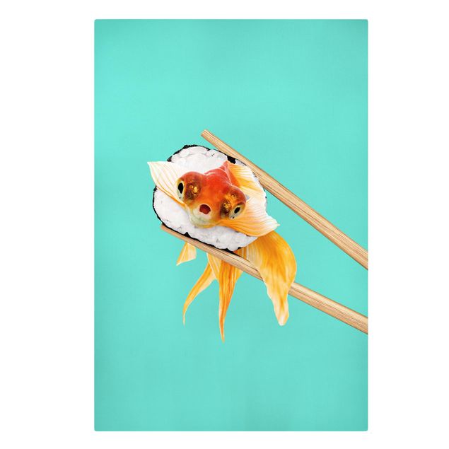 Obraz turkusowy Sushi z złotą rybką